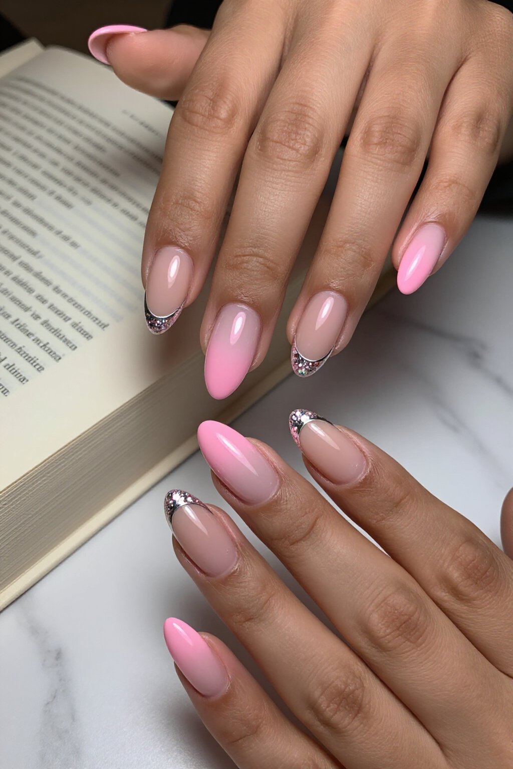 Glitter French Tips Over Pink Aura Nails - pink short cute aura nails