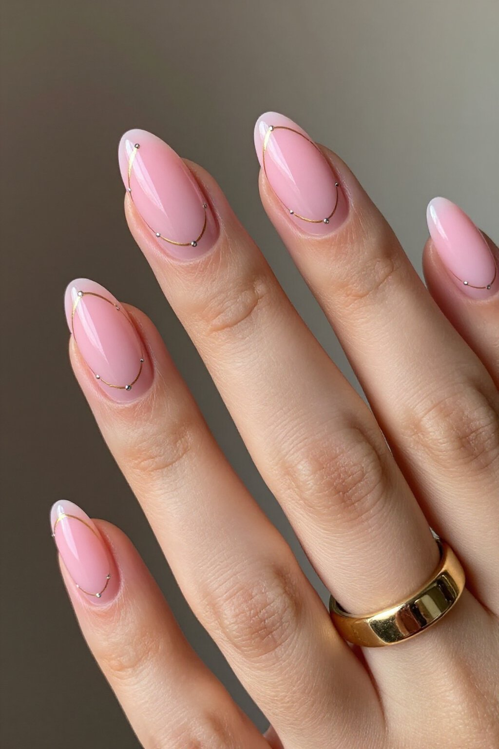 Delicate Gold Linework on Pink Aura Nails - pink short cute aura nails