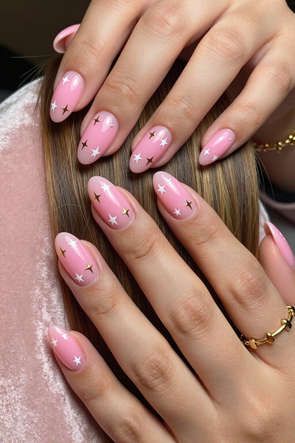 Celestial Sparkle on Pink Aura Nails - pink short cute aura nails