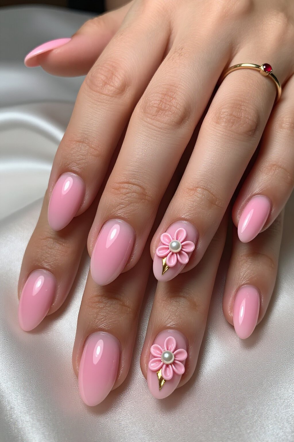 3D Floral Pink Aura Nails with Pearl Accents - pink short cute aura nails