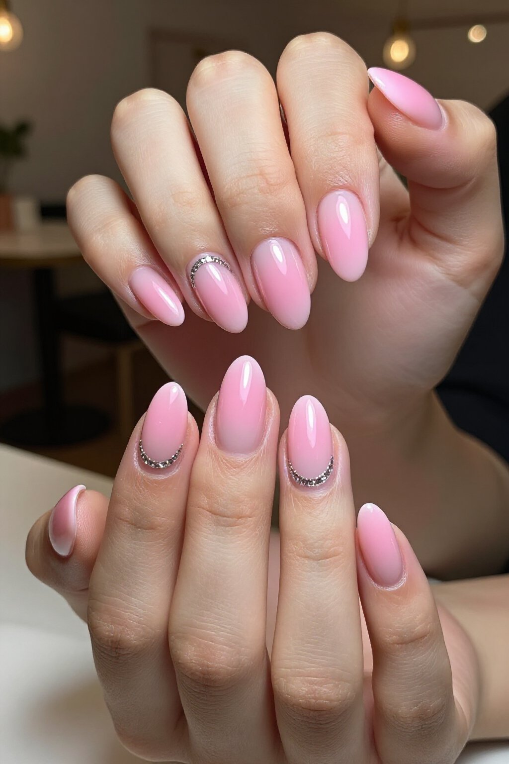 Half-Moon Pink Aura Nails with Glitter Crescent - pink short cute aura nails