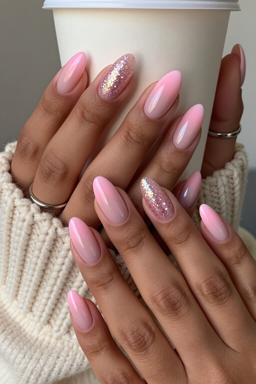 Sparkling Glitter Gradient Pink Aura Nails - pink short cute aura nails