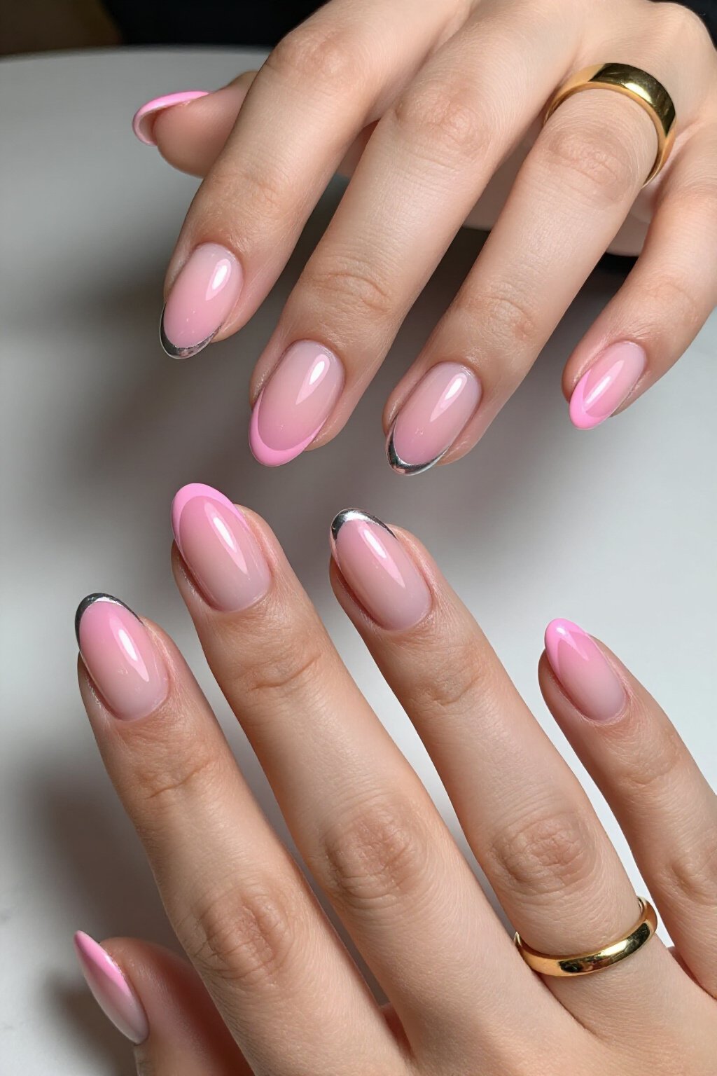 Chic Dual-Tone French Tips on Pink Aura Nails - pink short cute aura nails