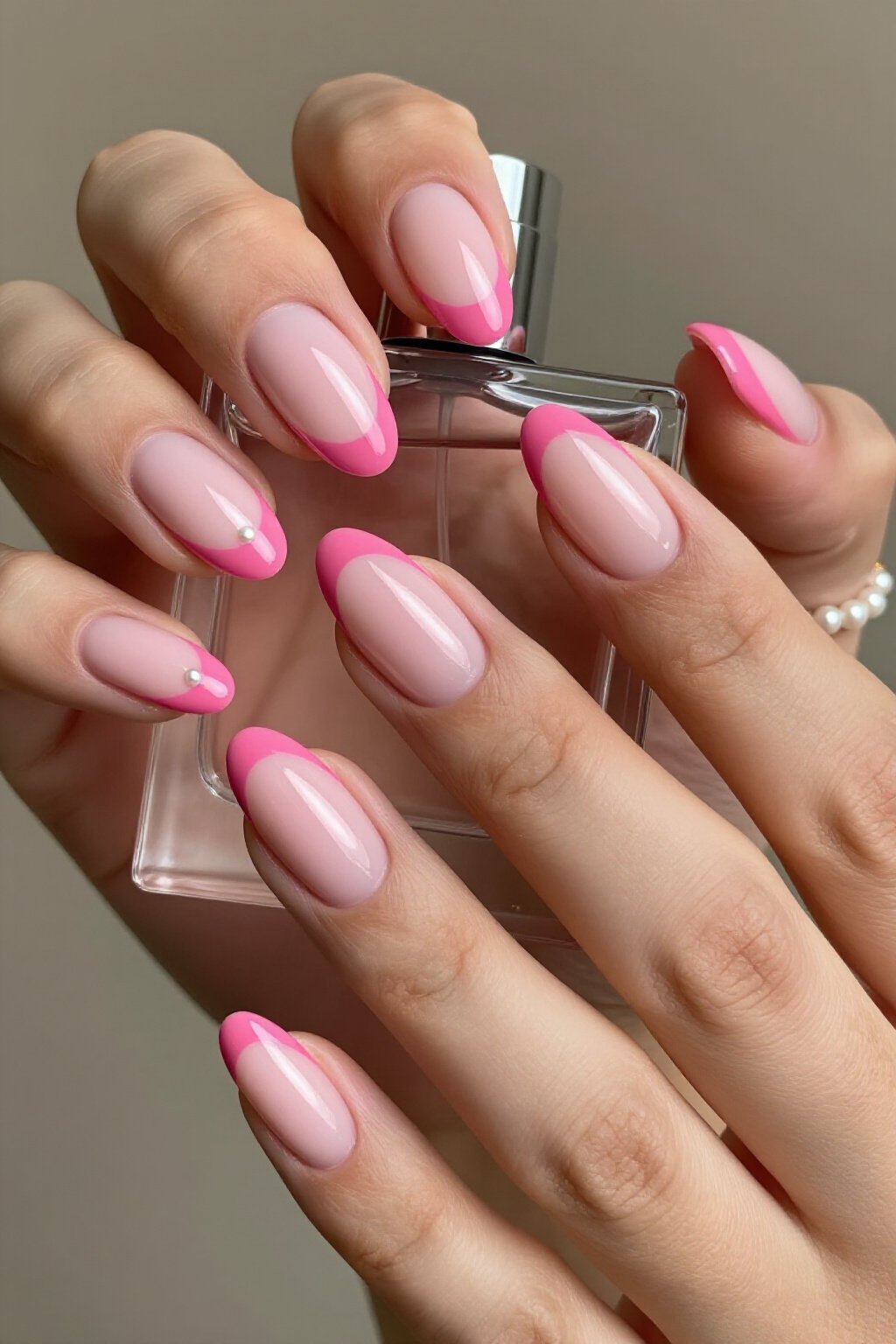 Bold V-French Pink Aura Nails with Pearl Details - pink short cute aura nails