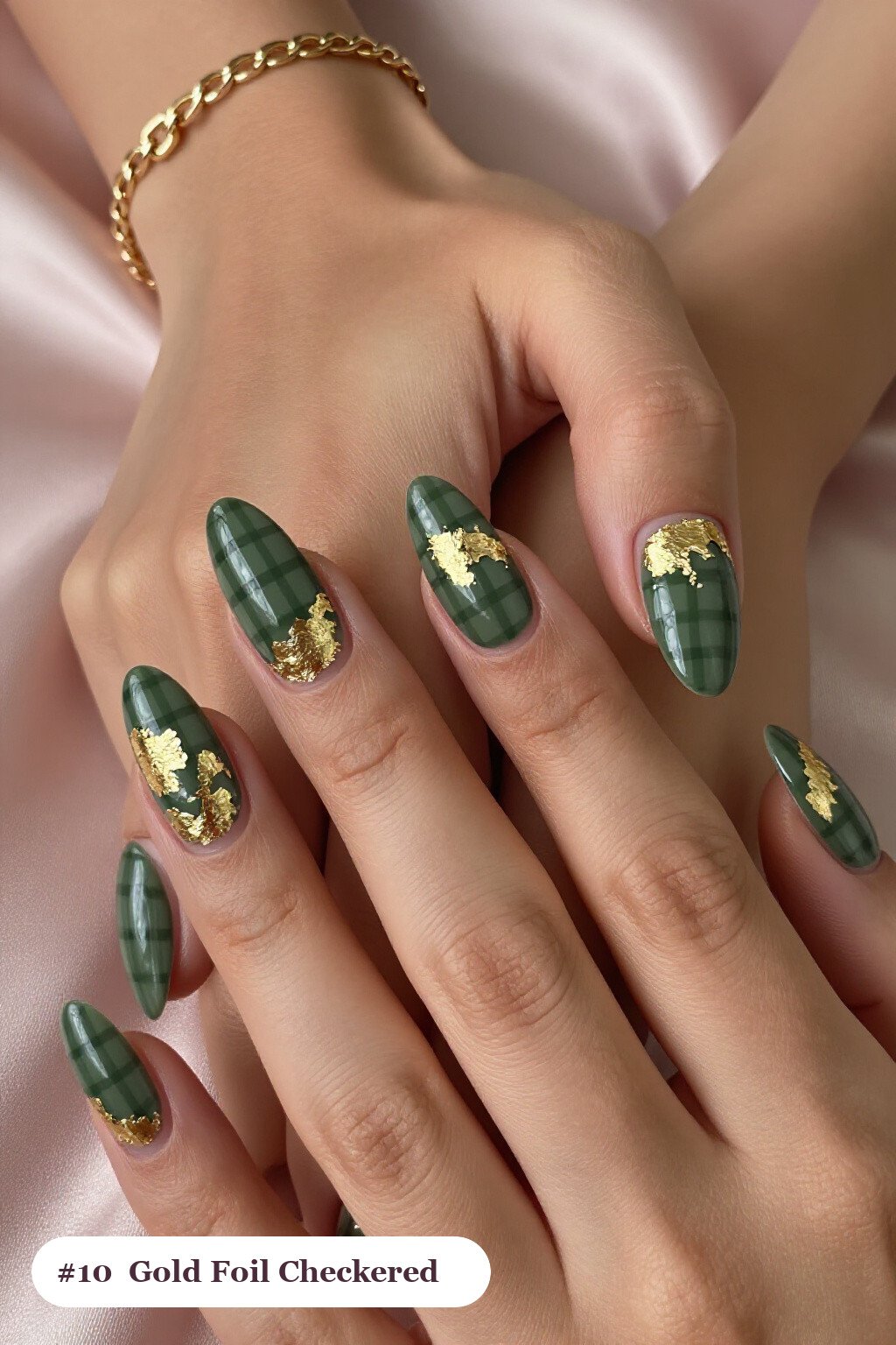 Long Ballerina Olive Green Checkered Nails With Gold Leaf - fall checkered nails Long Ballerina Olive Green Checkered Nails With Gold Leaf - fall checkered nails
