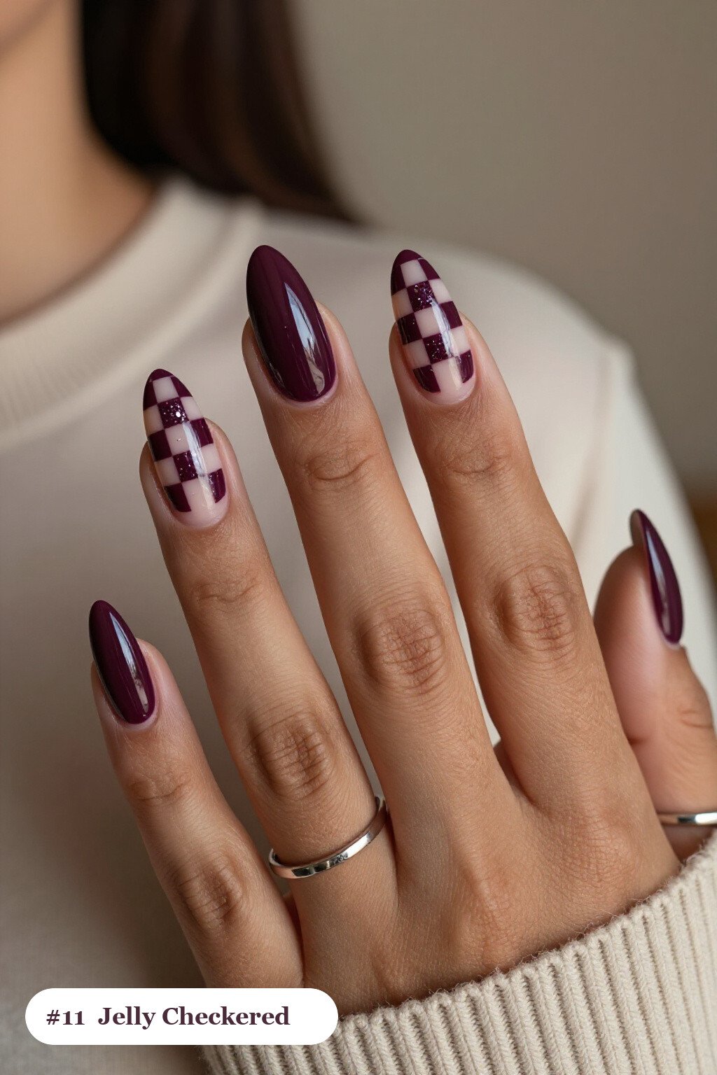 Medium Almond Deep Plum Checkered Nails: How to Make Them Last Longer - fall checkered nails Medium Almond Deep Plum Checkered Nails: How to Make Them Last Longer - fall checkered nails