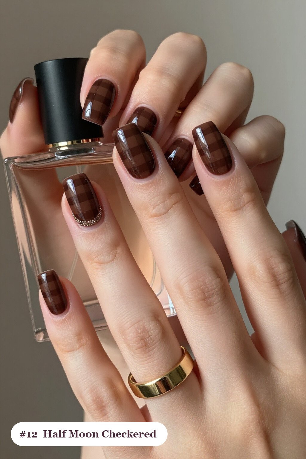 Medium Coffin Chocolate Brown Checkered Nails With Half-Moon Cresents - fall checkered nails Medium Coffin Chocolate Brown Checkered Nails With Half-Moon Cresents - fall checkered nails