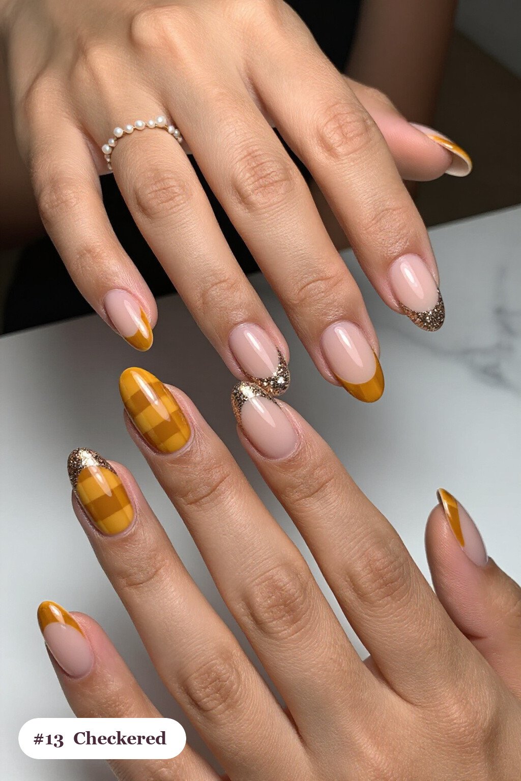 Medium Oval Mustard Checkered Nails With Sheer French Tips - fall checkered nails Medium Oval Mustard Checkered Nails With Sheer French Tips - fall checkered nails