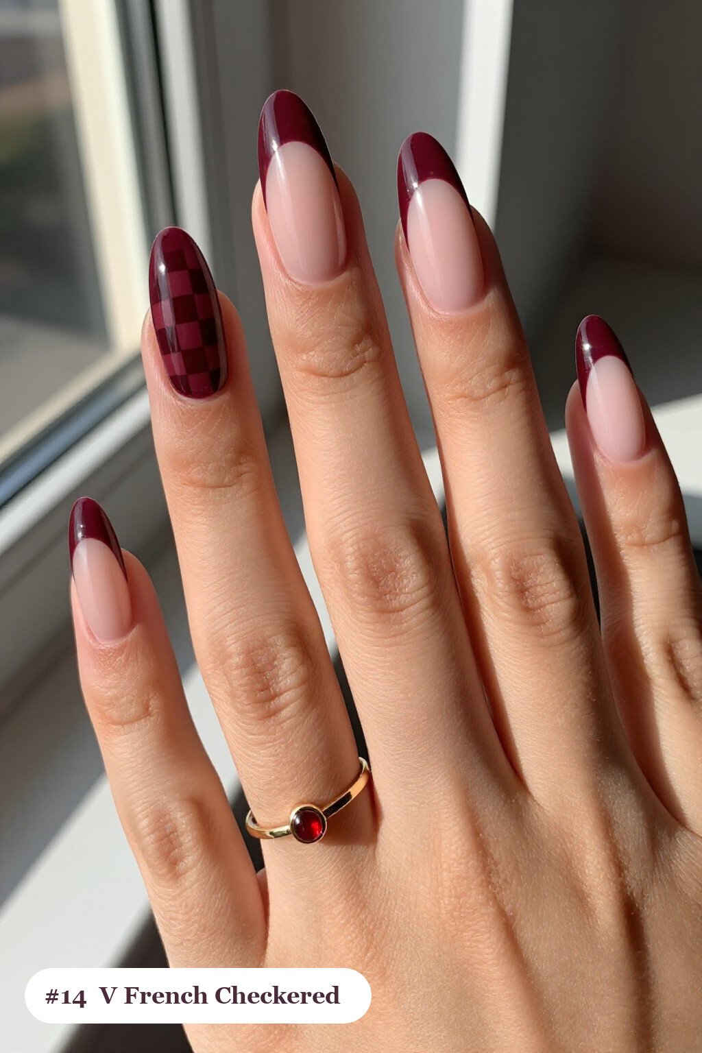 Long Coffin Burgundy Checkered Nails With Deep V-Shaped Tips - fall checkered nails Long Coffin Burgundy Checkered Nails With Deep V-Shaped Tips - fall checkered nails