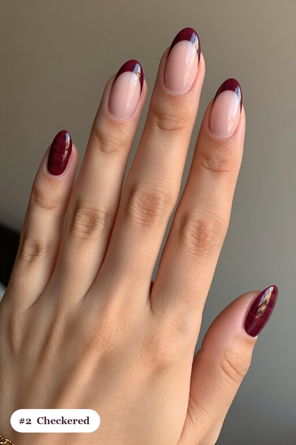 Medium Coffin Burgundy Checkered Nails With Double-Line French Tips - fall checkered nails Medium Coffin Burgundy Checkered Nails With Double-Line French Tips - fall checkered nails