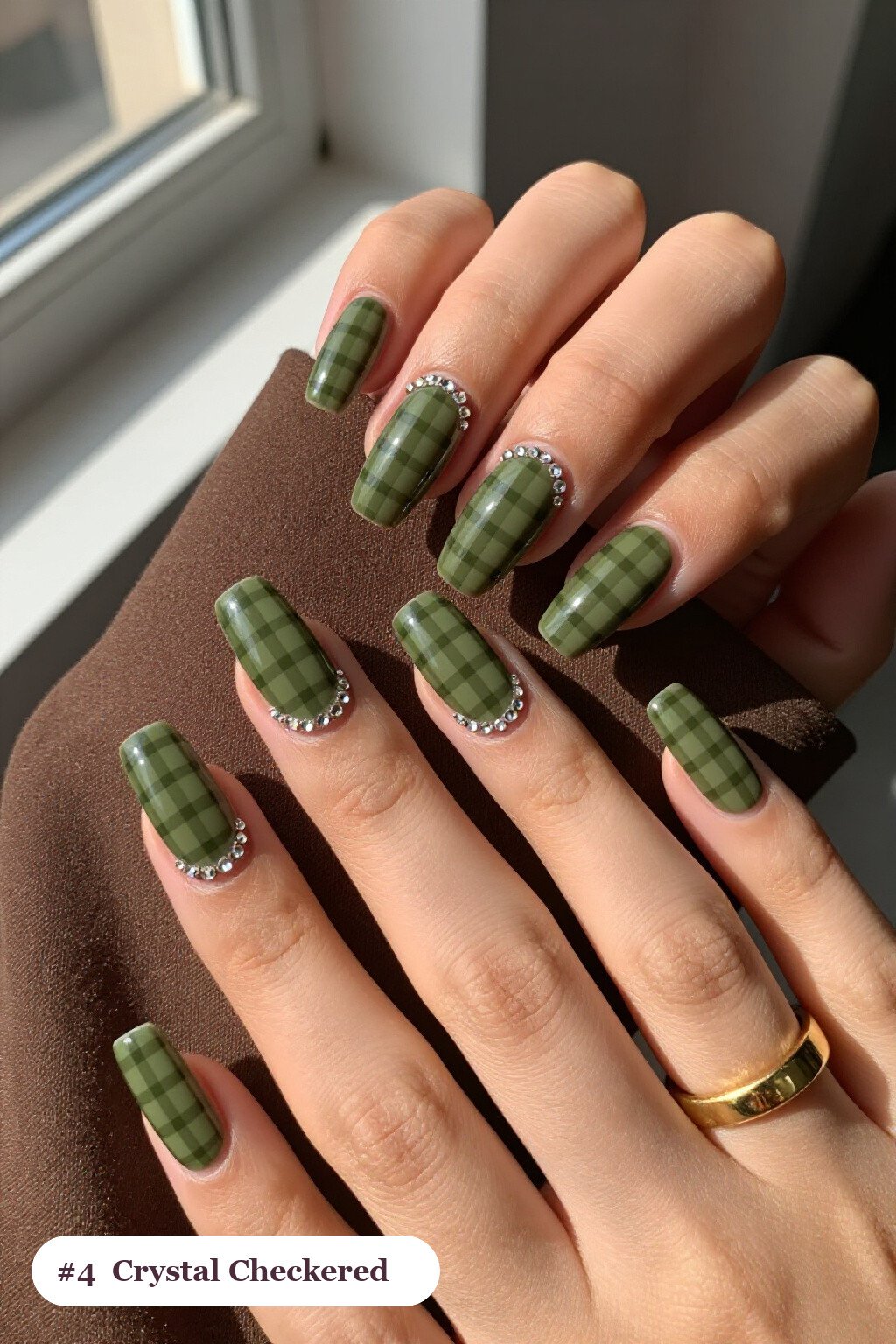 Long Coffin Olive Green Checkered Nails With Crystal Rhinestones - fall checkered nails Long Coffin Olive Green Checkered Nails With Crystal Rhinestones - fall checkered nails
