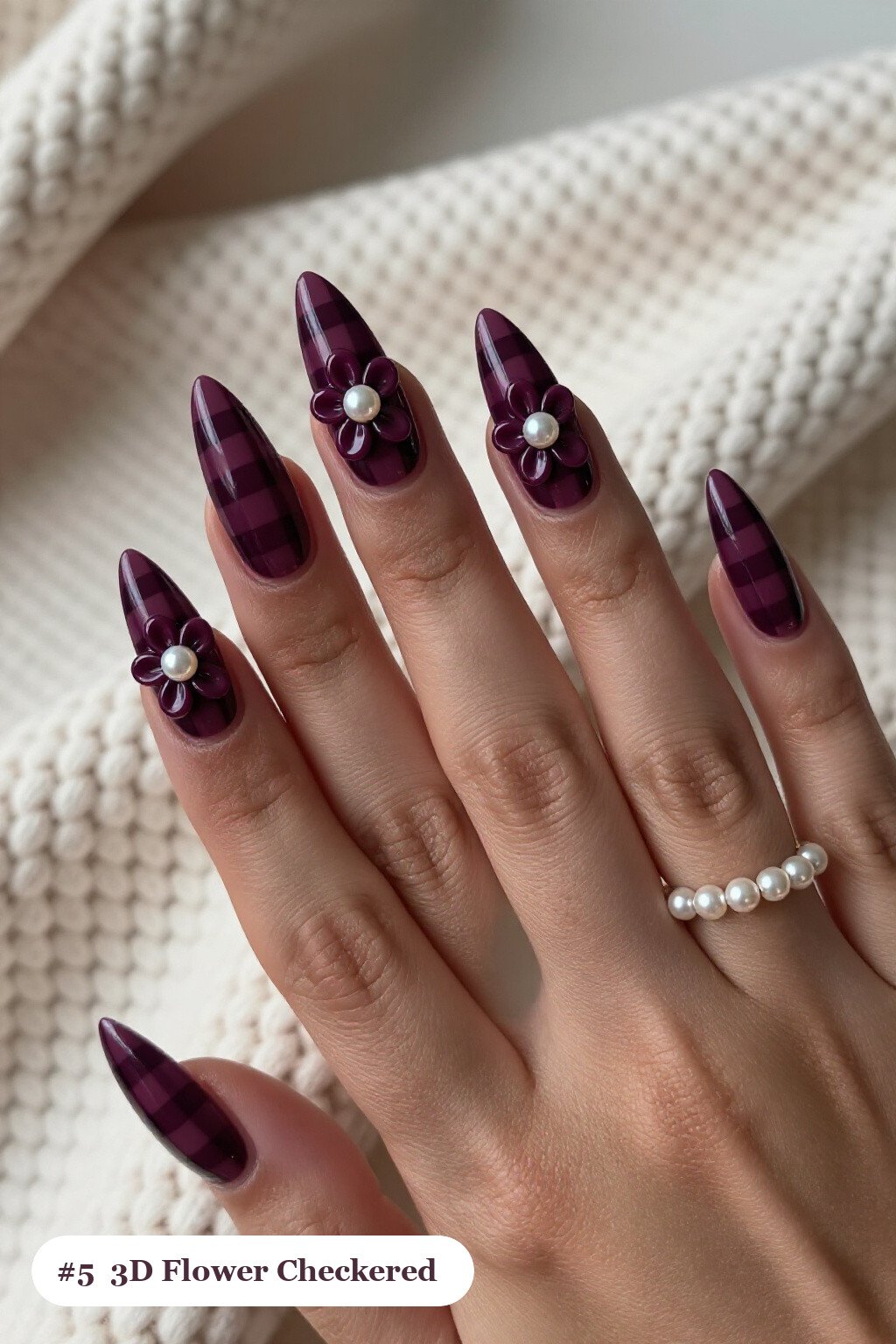 Long Stiletto Deep Plum Checkered Nails With 3D Floral Accents - fall checkered nails Long Stiletto Deep Plum Checkered Nails With 3D Floral Accents - fall checkered nails