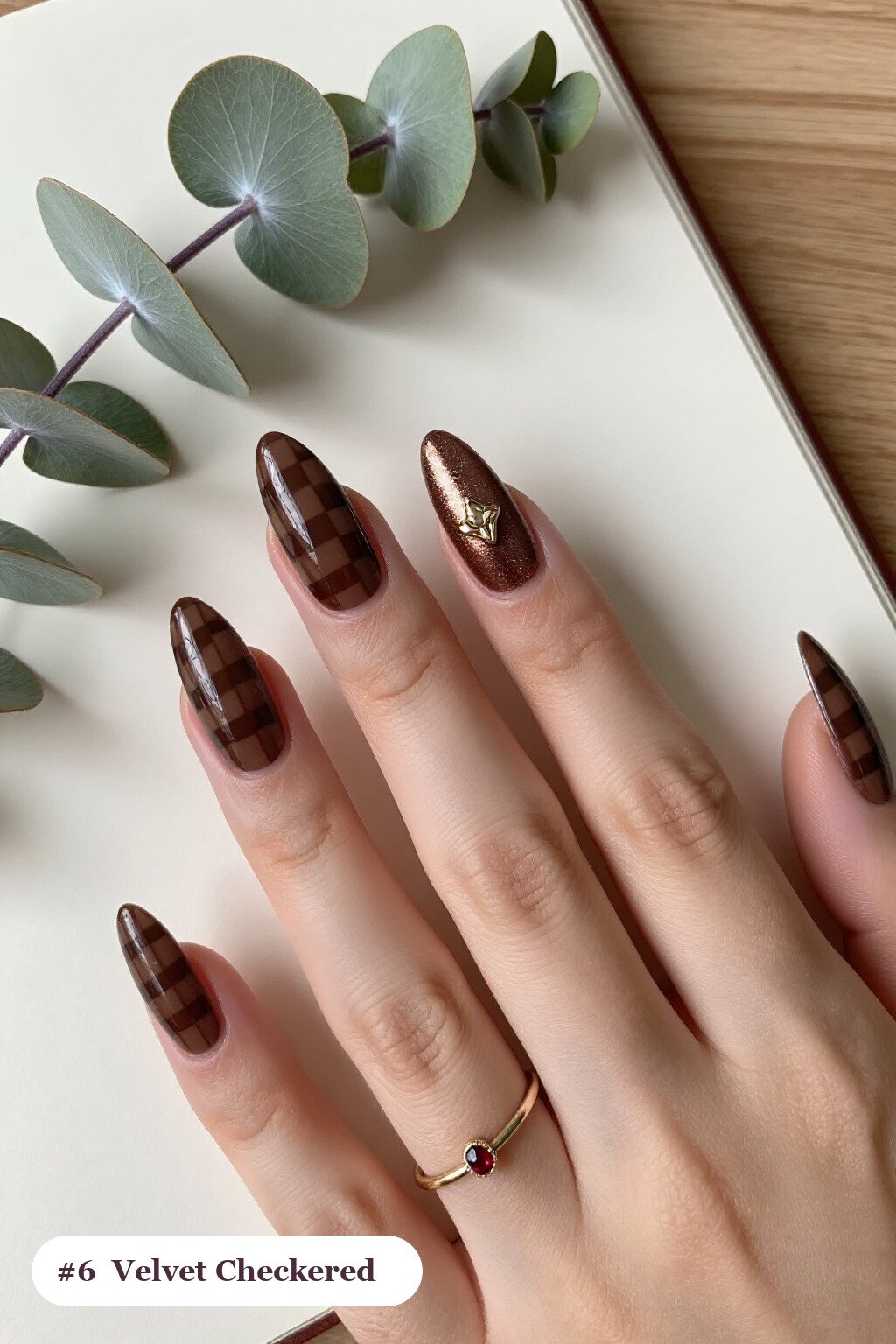 Long Almond Chocolate Brown Checkered Nails With Velvet Shimmer - fall checkered nails Long Almond Chocolate Brown Checkered Nails With Velvet Shimmer - fall checkered nails