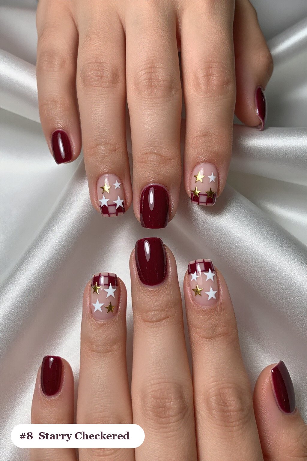 Short Square Burgundy Checkered Nails With Starry Details - fall checkered nails Short Square Burgundy Checkered Nails With Starry Details - fall checkered nails