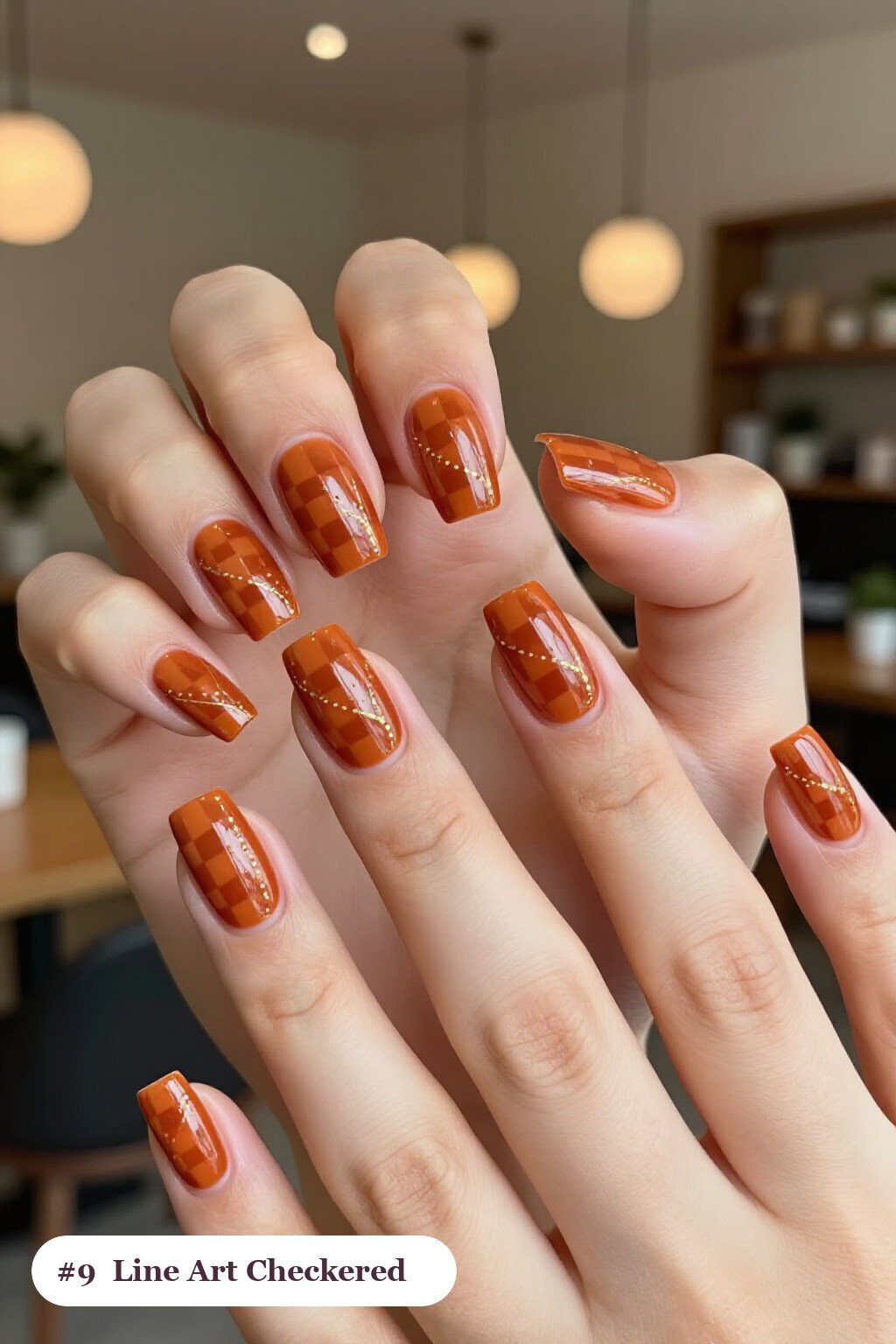 Long Square Burnt Orange Checkered Nails With Fine Gold Art - fall checkered nails Long Square Burnt Orange Checkered Nails With Fine Gold Art - fall checkered nails