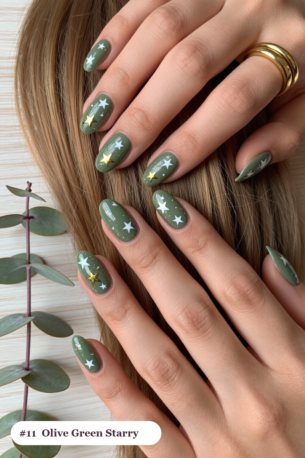Olive Green Coffin Nails: Cosmic Stars and Sparkles - fall nails Olive Green Coffin Nails: Cosmic Stars and Sparkles - fall nails