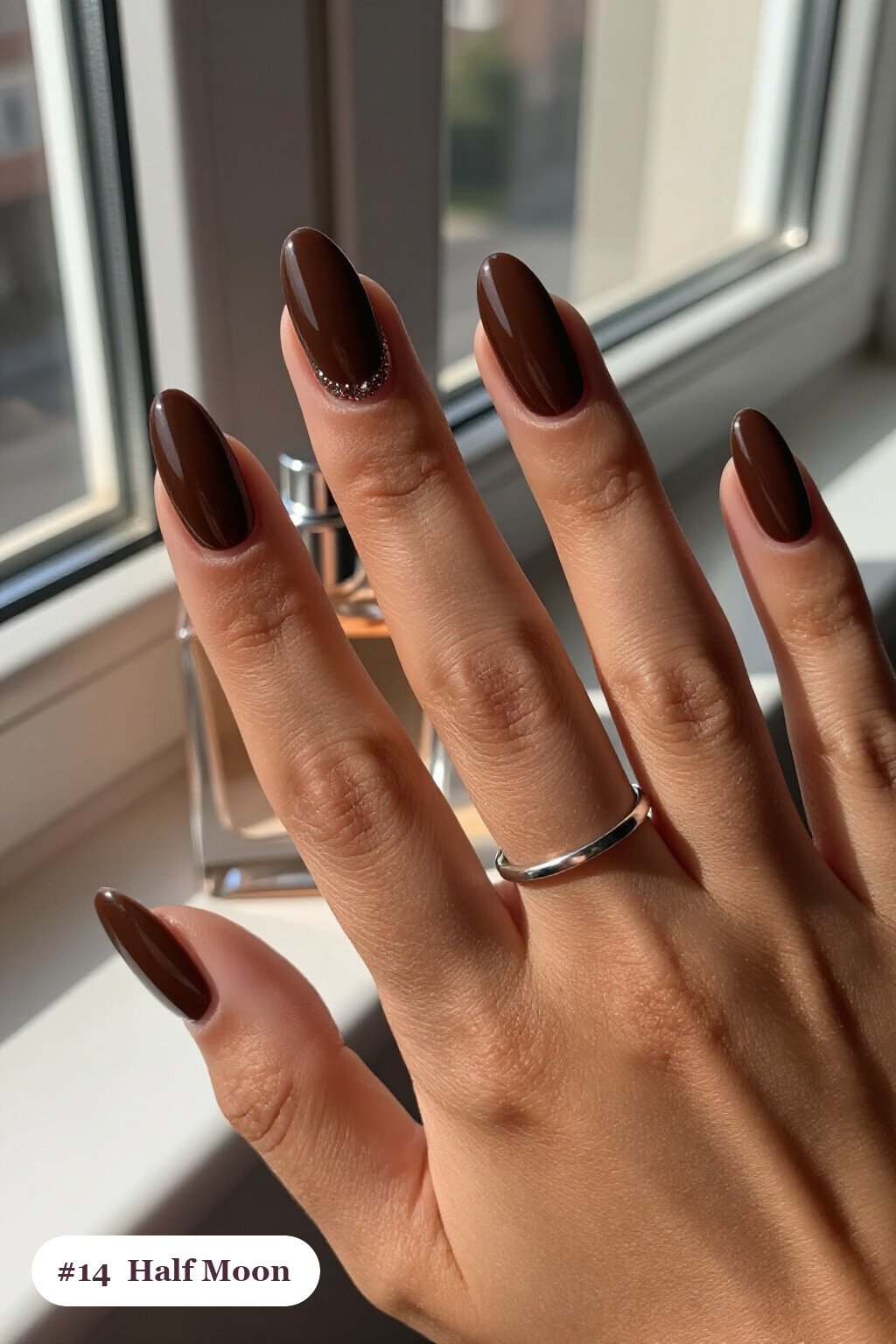 Chocolate Brown Coffin Nails with Glitter Crescent Cuticles - fall nails Chocolate Brown Coffin Nails with Glitter Crescent Cuticles - fall nails