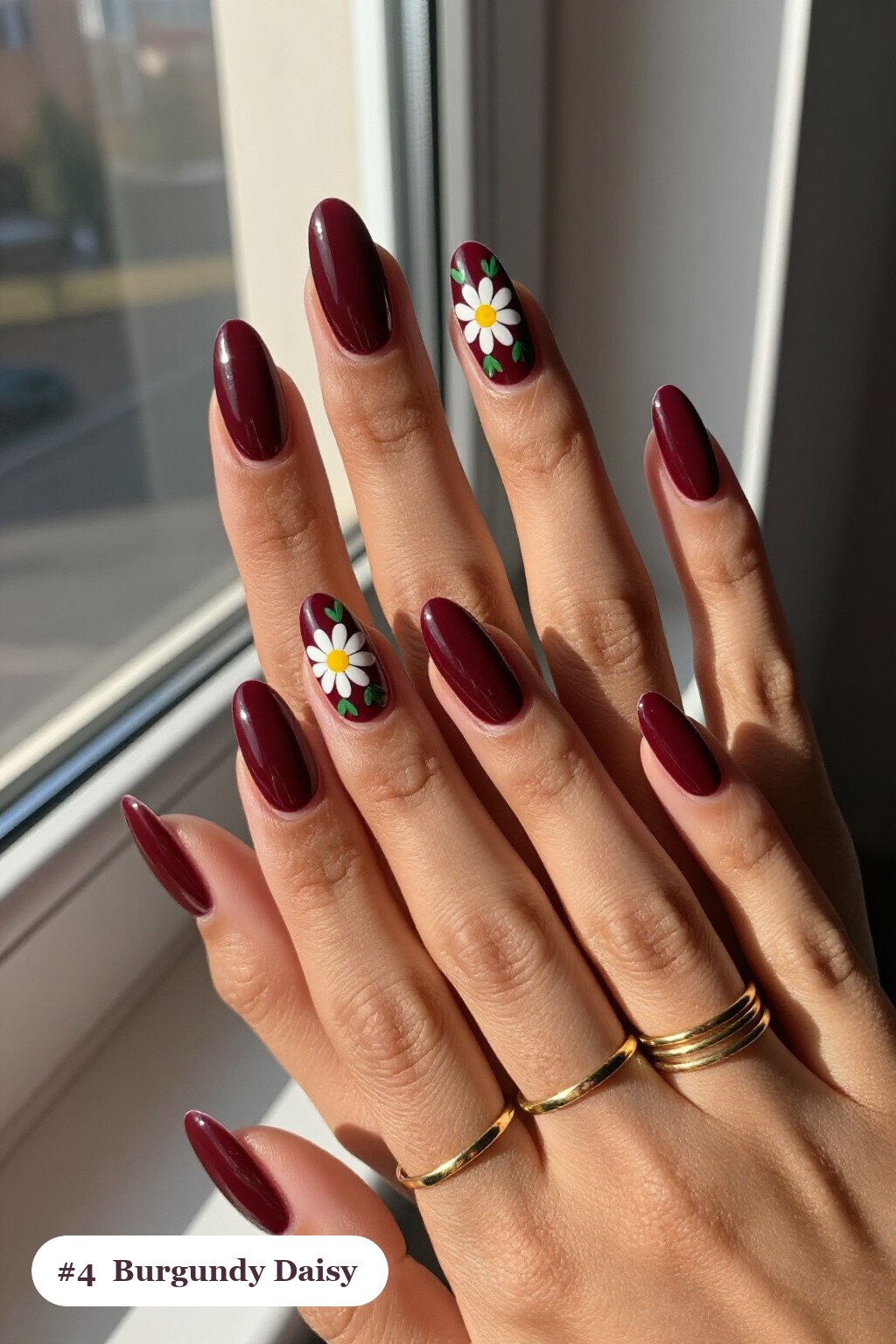 Burgundy Coffin Nails Adorned with Delicate Daisies & Leaves - fall nails Burgundy Coffin Nails Adorned with Delicate Daisies & Leaves - fall nails