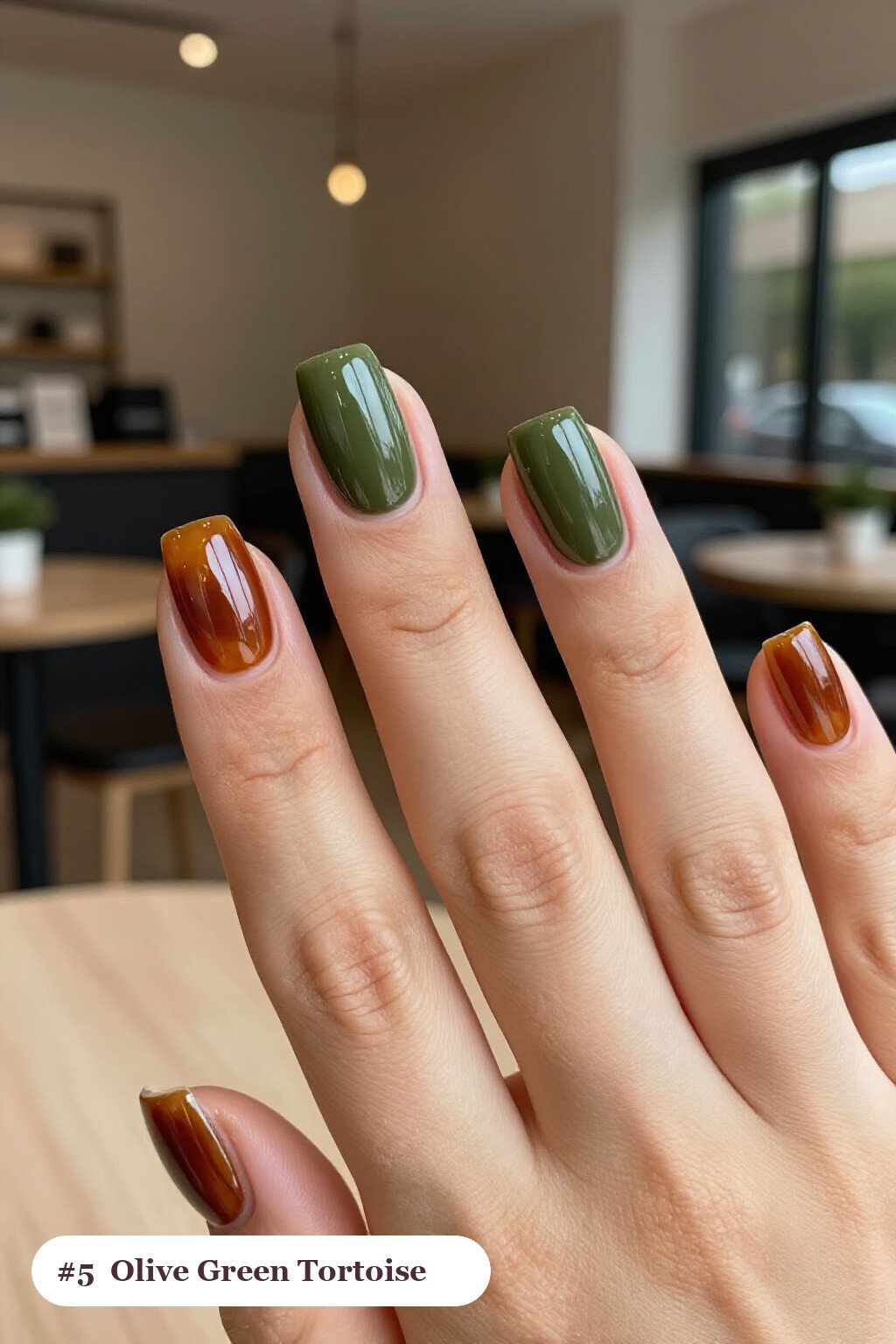 Olive Green Square Nails with Glossy Amber Tortoiseshell Accents - fall nails Olive Green Square Nails with Glossy Amber Tortoiseshell Accents - fall nails