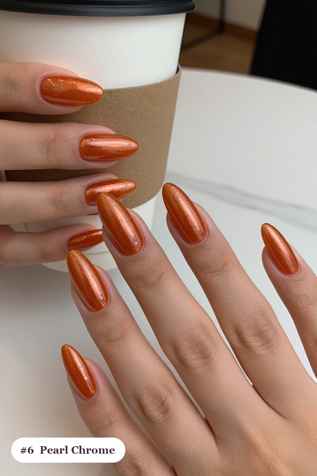 Iridescent Burnt Orange Stiletto Nails with Glazed Pearl Chrome - fall nails Iridescent Burnt Orange Stiletto Nails with Glazed Pearl Chrome - fall nails