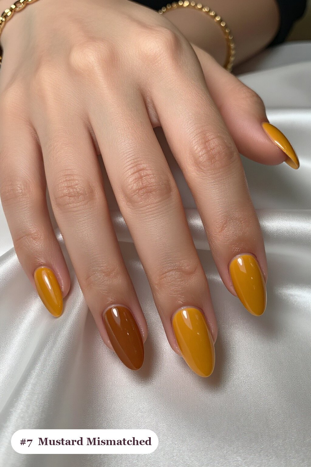 Mismatched Mustard Almond Nails: A Playful Pattern Story - fall nails Mismatched Mustard Almond Nails: A Playful Pattern Story - fall nails