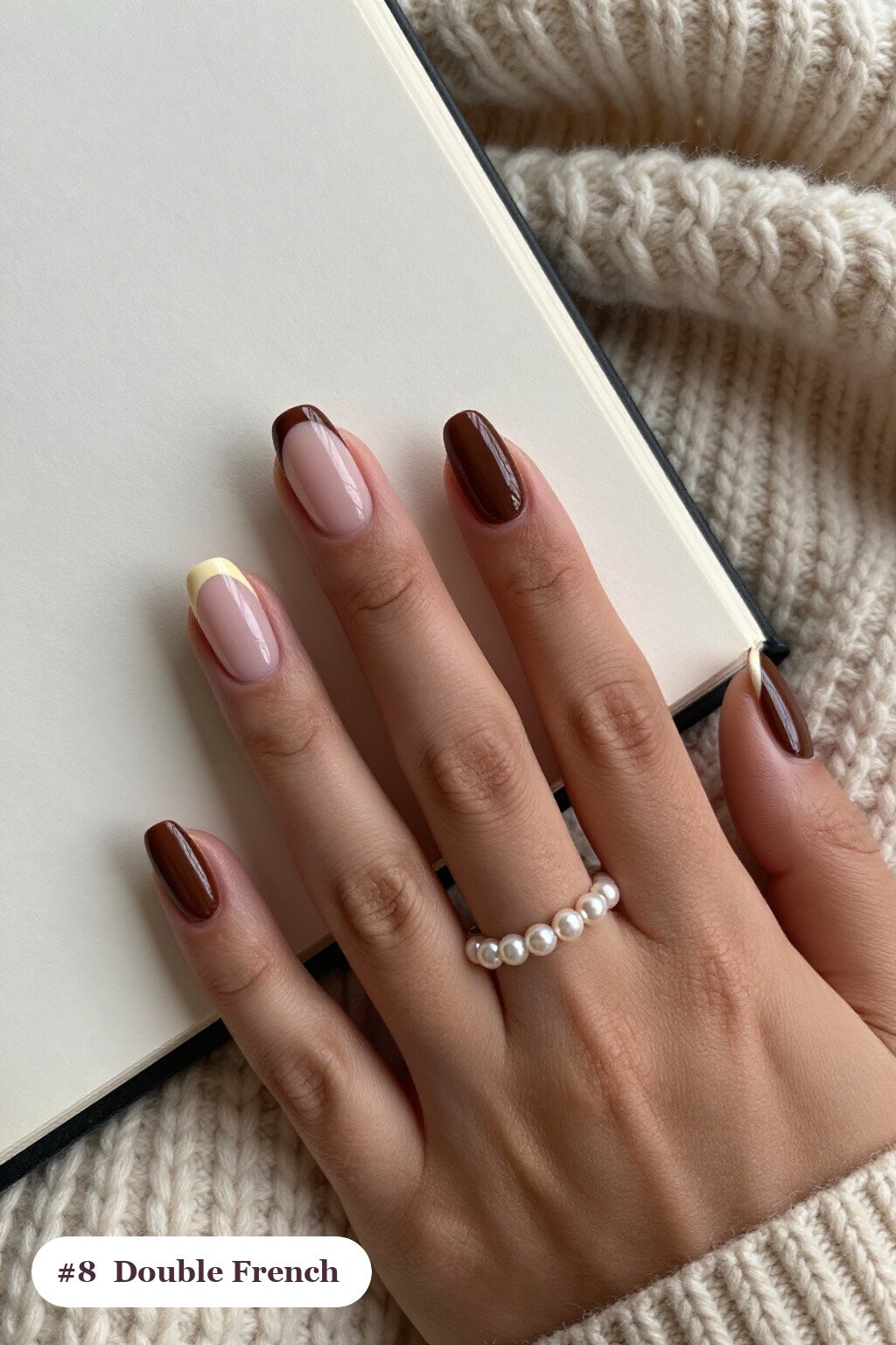 Chic Chocolate Brown Oval Nails with Dual-Colour French Tips - fall nails Chic Chocolate Brown Oval Nails with Dual-Colour French Tips - fall nails
