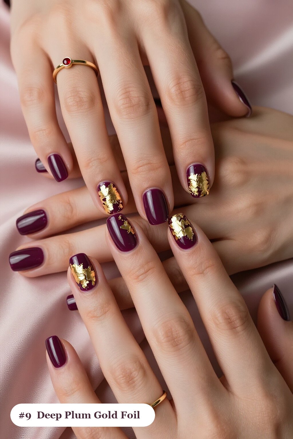 Deep Plum Short Square Nails Dusted with Gold Foil Flakes - fall nails Deep Plum Short Square Nails Dusted with Gold Foil Flakes - fall nails