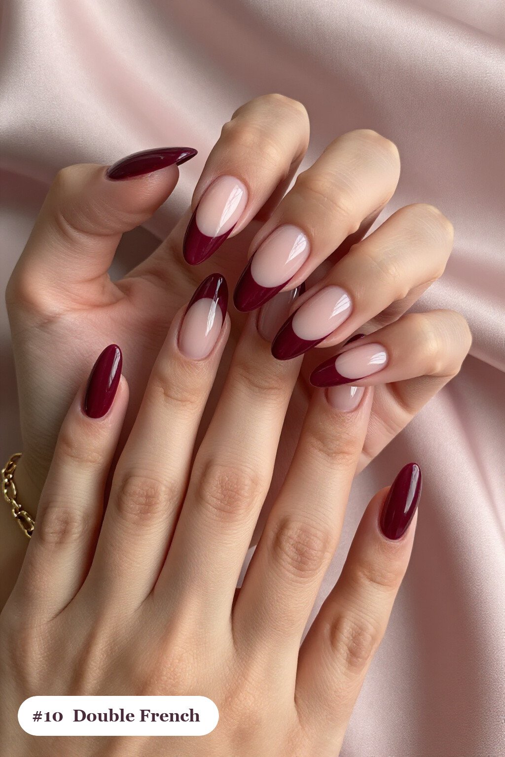 Long Almond Burgundy Tortoise Nails With Double-Line French Tips - fall tortoise nails