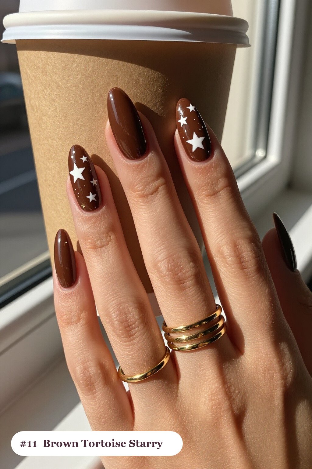 Long Ballerina Chocolate Brown Tortoise Nails With Starry Sparkles - fall tortoise nails