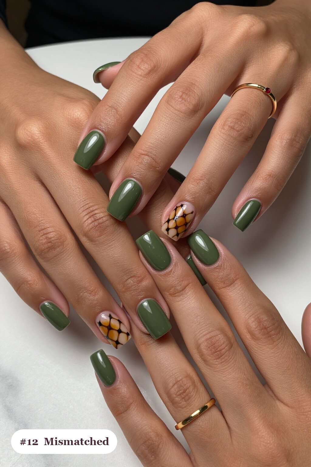 Short Square Olive Green Tortoise Nails in a Mismatched Set - fall tortoise nails