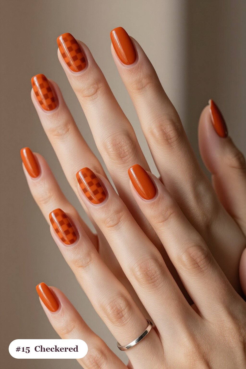 Medium Coffin Burnt Orange Tortoise Nails With Checkerboard Art - fall tortoise nails