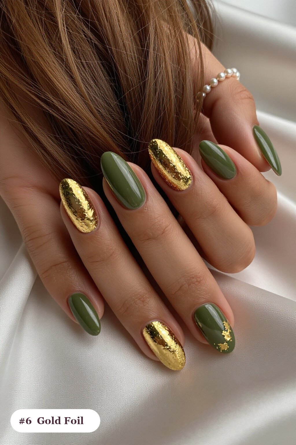 Medium Almond Olive Green Tortoise Nails With Dense Gold Foil - fall tortoise nails