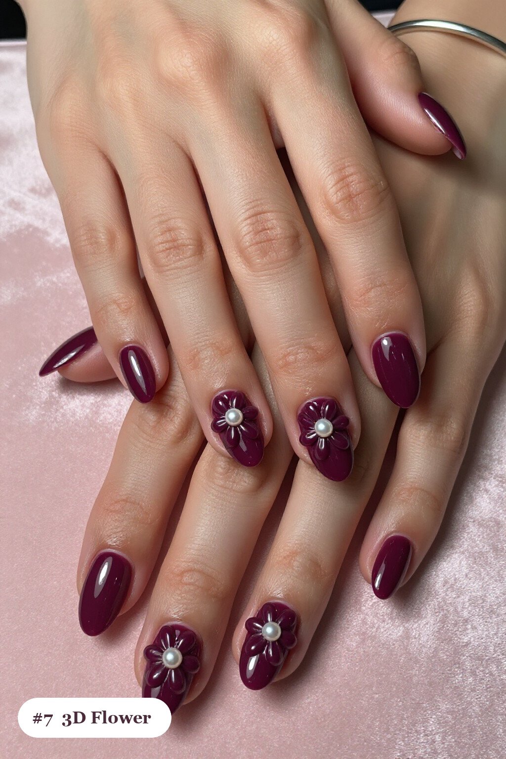 Medium Oval Deep Plum Tortoise Nails With Raised 3D Flowers - fall tortoise nails