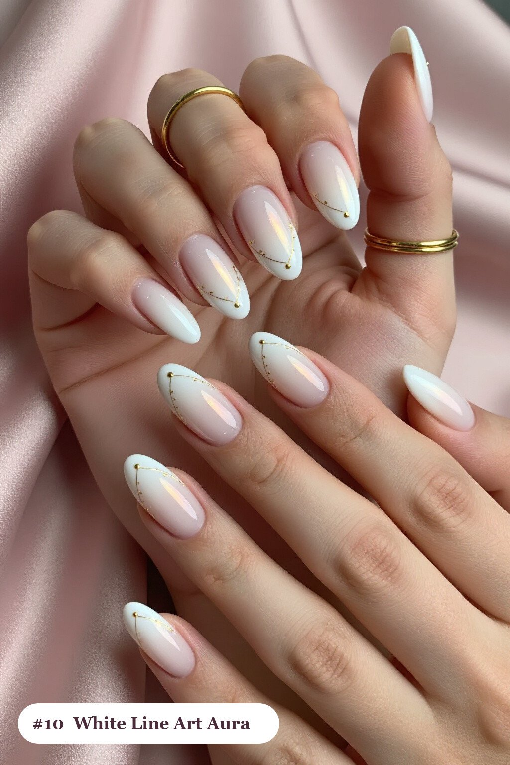 Delicate Gold Line Art White Almond Aura Nails - white almond aura nails