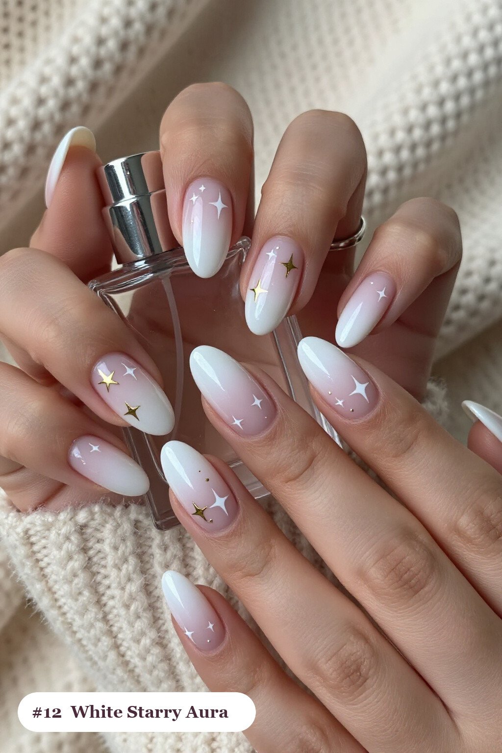 Celestial Star White Almond Aura Nails with Gold - white almond aura nails