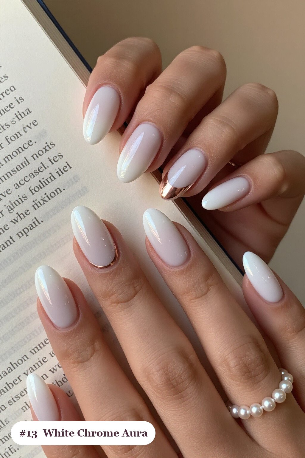 Liquid Chrome Mirror White Almond Aura Nails with Rose Gold - white almond aura nails