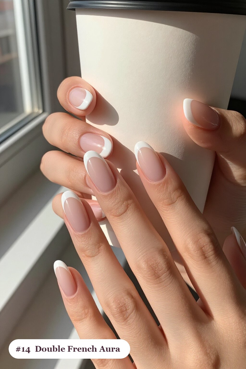 Double-Line French White Almond Aura Nails - white almond aura nails