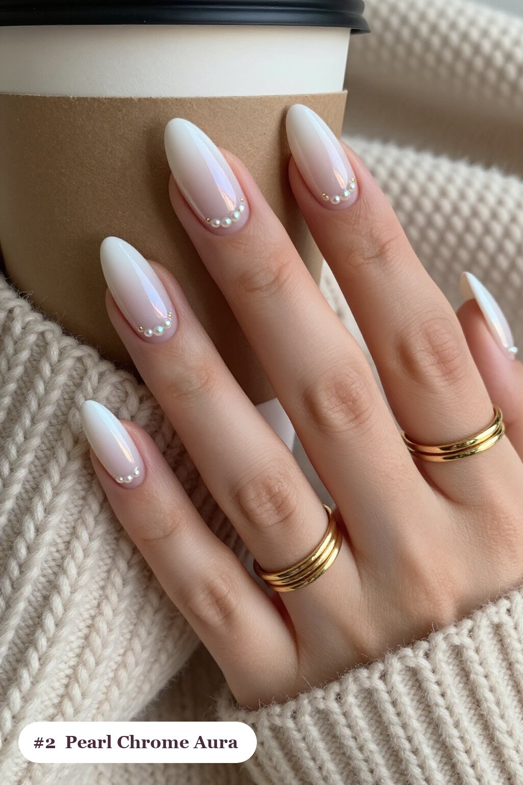 Glazed Pearl Chrome White Almond Aura Nails with Gold Details - white almond aura nails