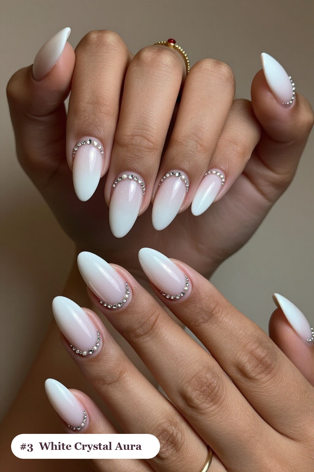 Crystal Accented White Almond Aura Nails with Pearls - white almond aura nails