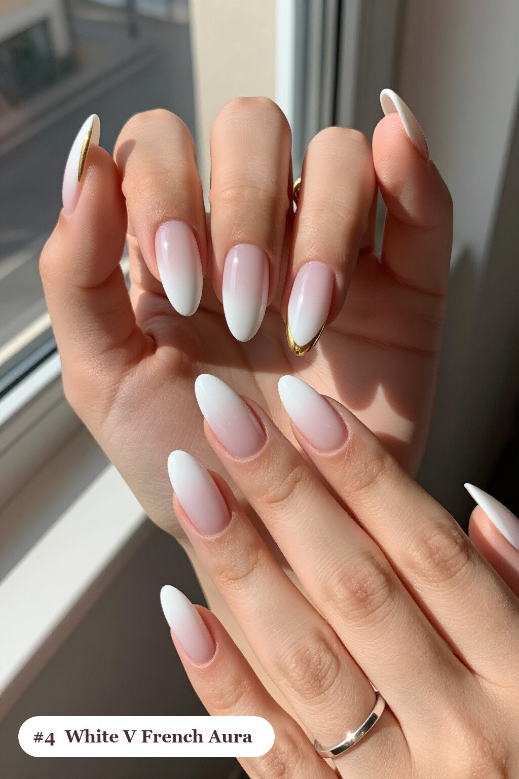 Bold V-French White Almond Aura Nails with Gold - white almond aura nails