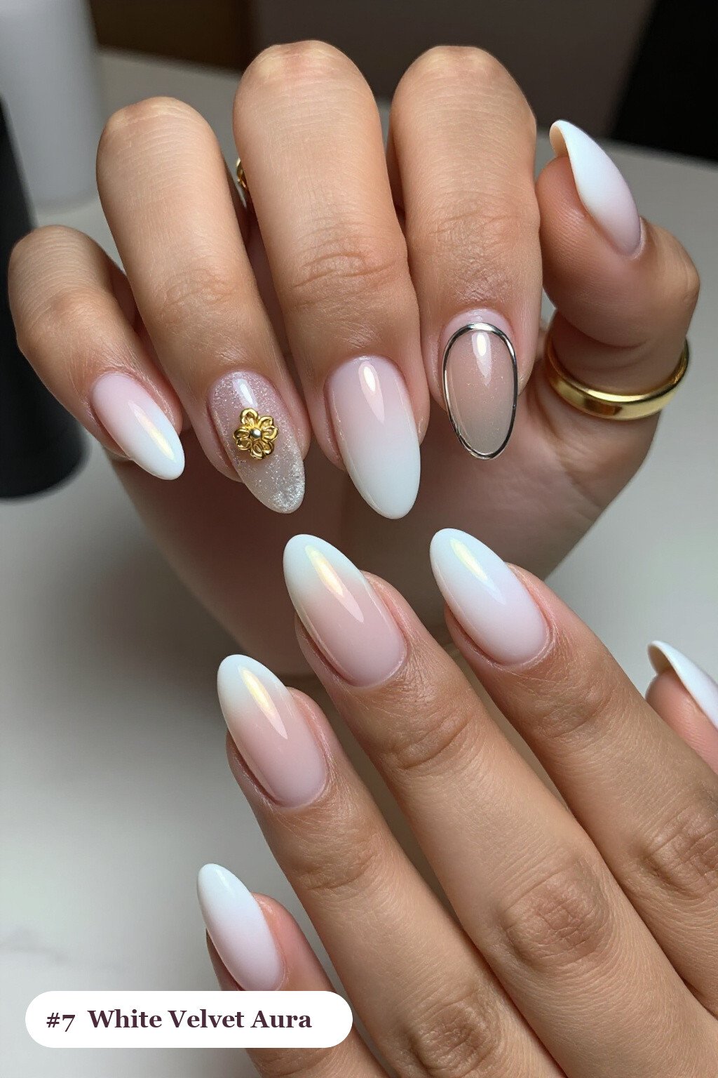 Velvet Shimmer White Almond Aura Nails with Gold Charm - white almond aura nails