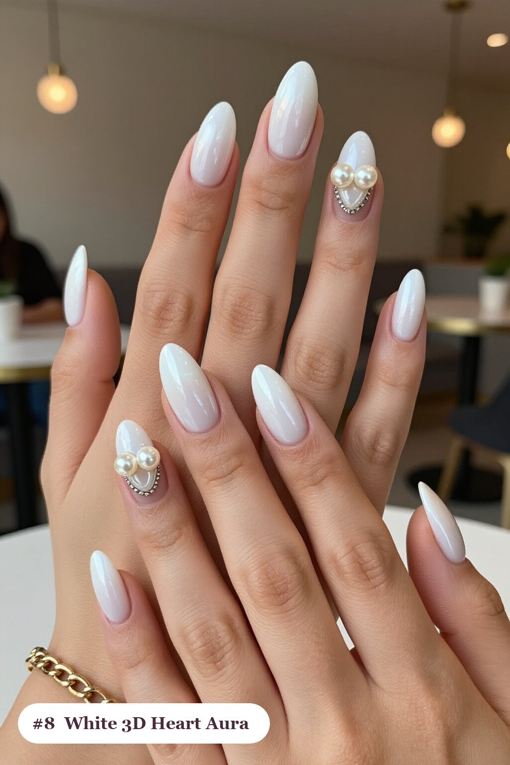 3D Heart & Pearl White Almond Aura Nails - white almond aura nails
