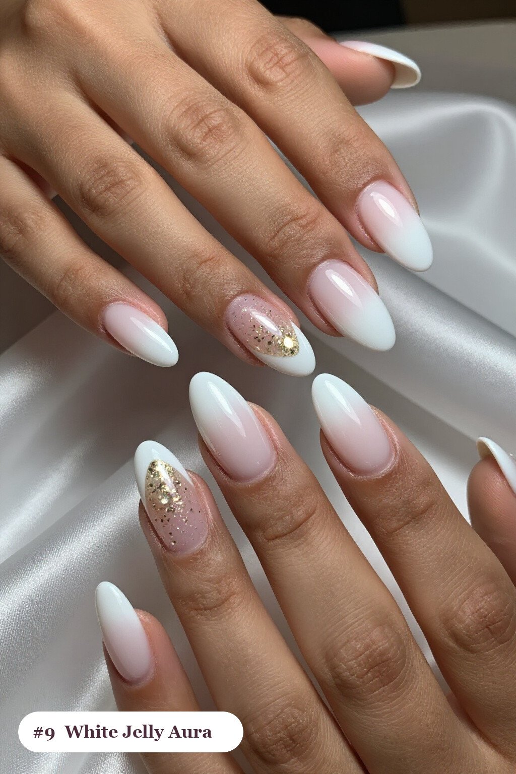 Sheer Jelly White Almond Aura Nails with Encapsulated Glitter - white almond aura nails