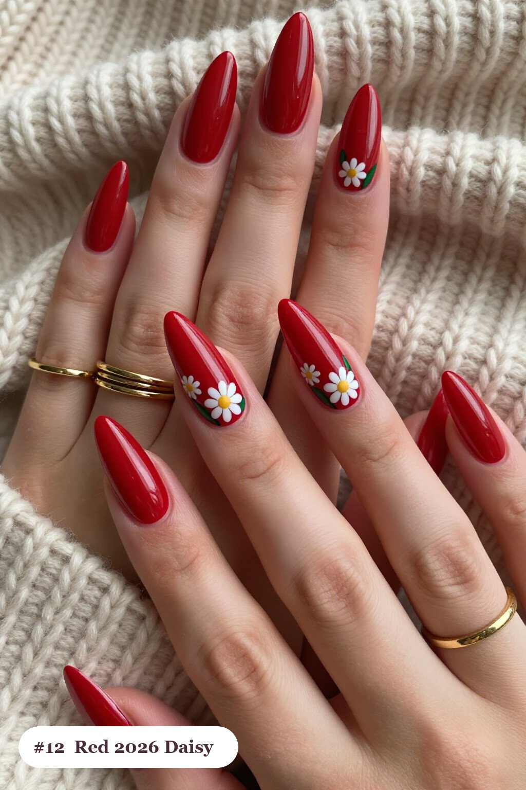 Blood Red Stiletto Nails Adorned with Daisies and Green Leaves - 2026 halloween acrylic nails Blood Red Stiletto Nails Adorned with Daisies and Green Leaves - 2026 halloween acrylic nails