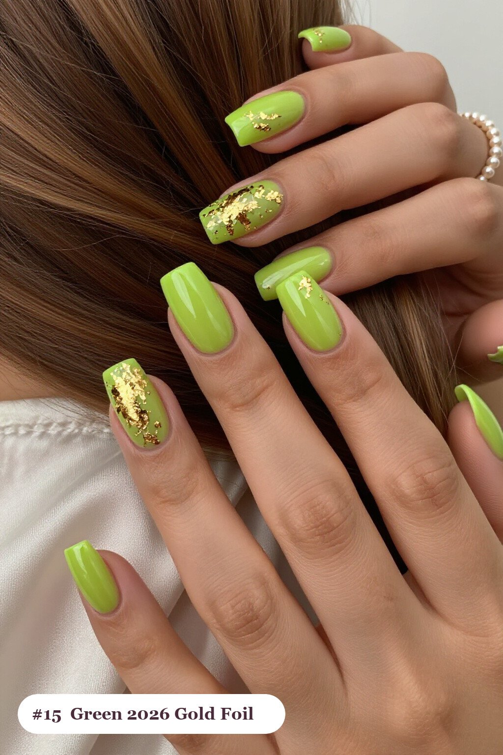 Lime Green Short Square Nails Covered in Gold Foil Flakes - 2026 halloween acrylic nails Lime Green Short Square Nails Covered in Gold Foil Flakes - 2026 halloween acrylic nails