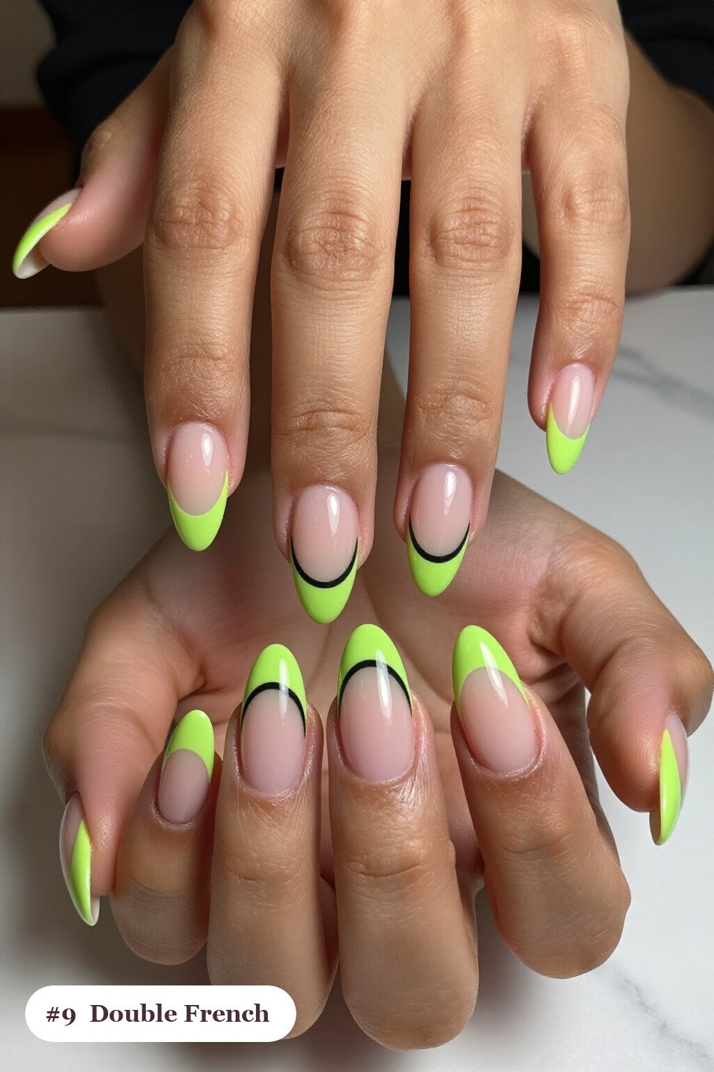 Lime Green Almond Nails with Double‑Line Two‑Tone French Tips - 2026 halloween acrylic nails Lime Green Almond Nails with Double‑Line Two‑Tone French Tips - 2026 halloween acrylic nails