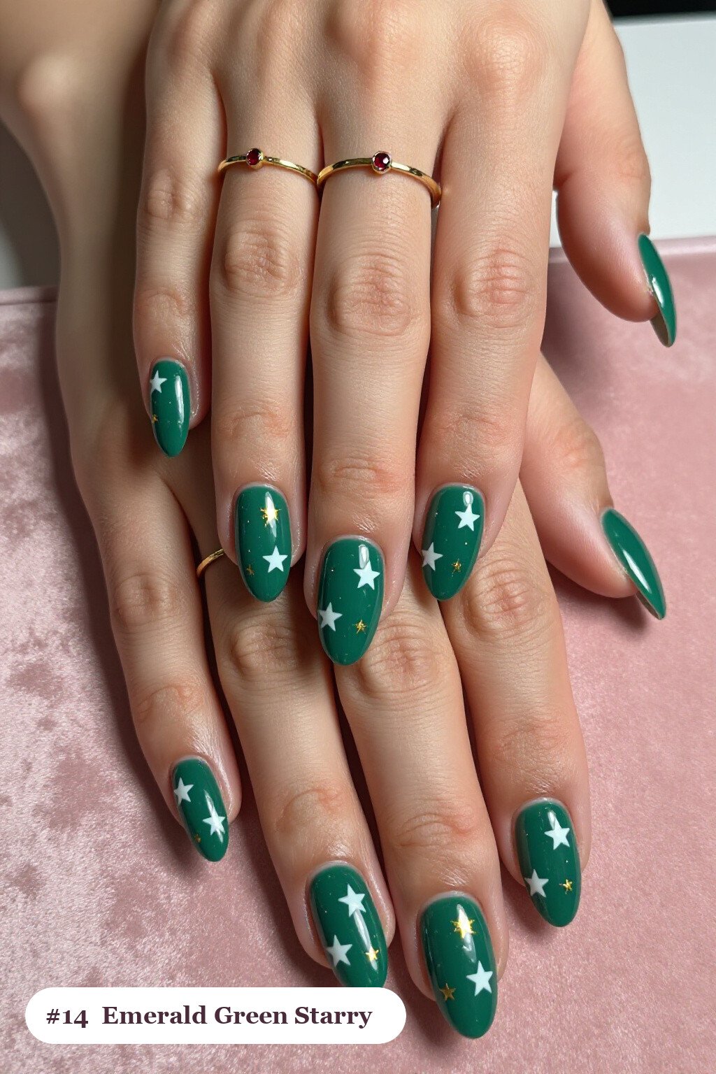 Emerald Green Almond Nails Covered in White and Gold Stars - almond nails