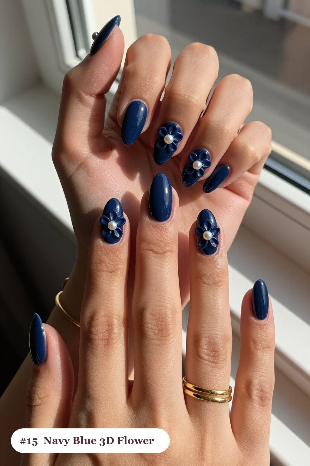 Navy Almond Nails with 3D Pearl Flowers: On Short Nails - almond nails