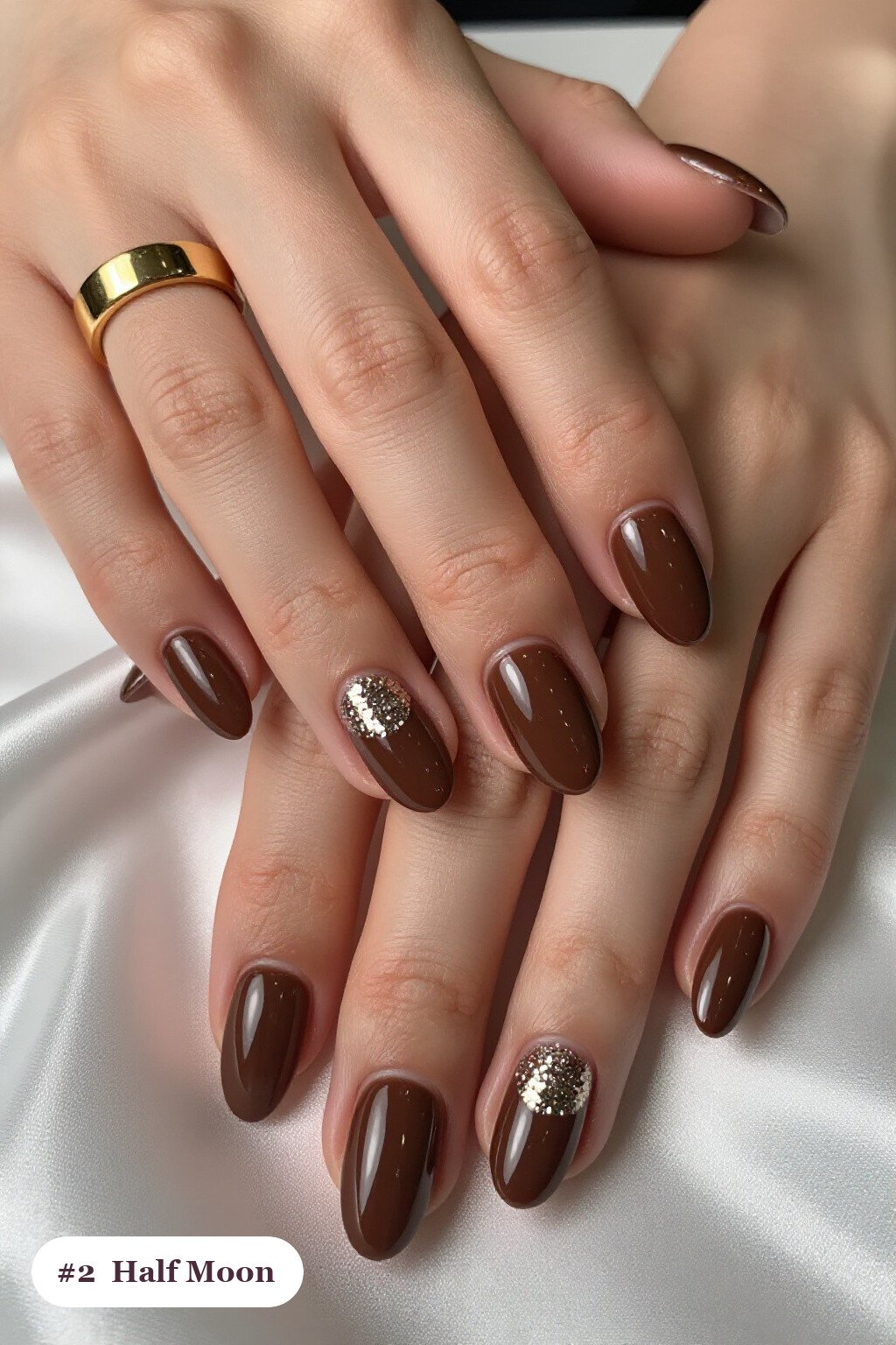 Chocolate Brown Almond Nails with Half‑Moon Glitter Crescent - almond nails