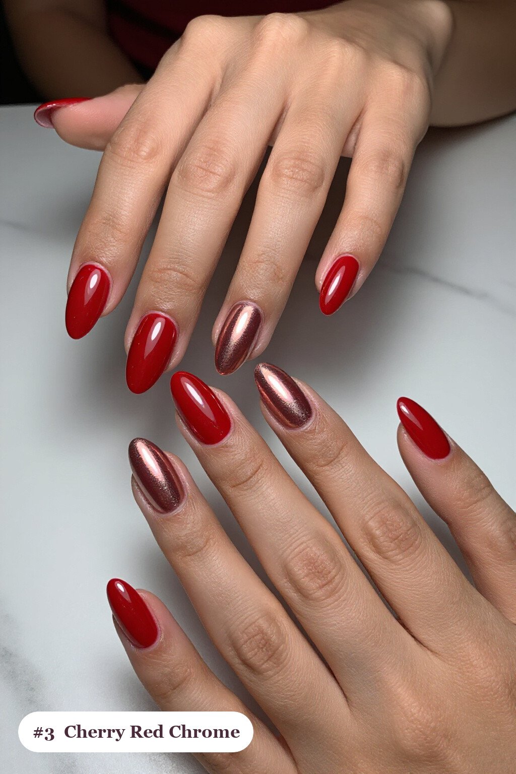 Cherry Red Almond Nails in Liquid Chrome Mirror with Metallic Highlights - almond nails